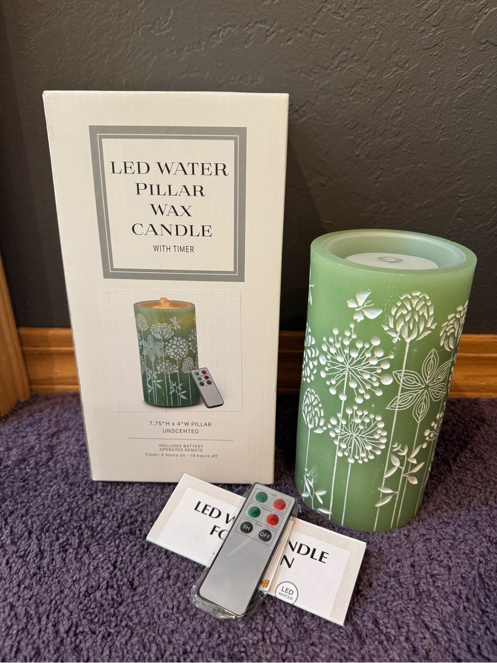 New in Box LED Water Pillar Wax Candle - Unscented Green Dandelion with Remote